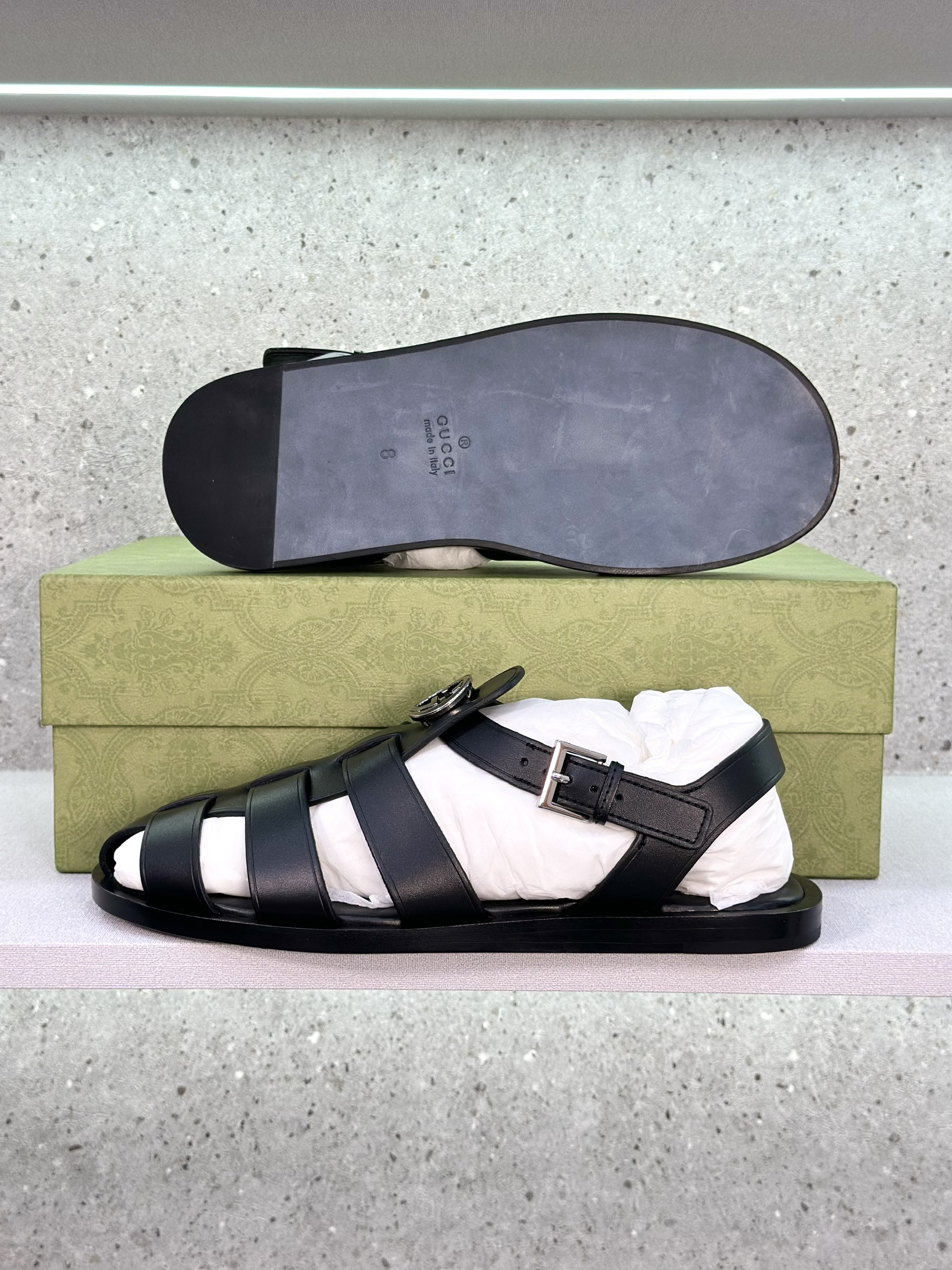 Dép rọ sandal Gucci GC Đen logo GG bạc Like Auth on web fullbox bill thẻ VTN